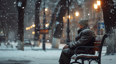 Man sitting on a bench in the city at night in winter.の素材