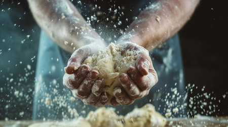 Close-up of male hands kneading dough with flour.の素材