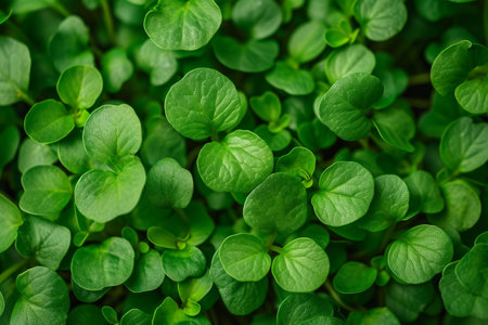 Close up of young green sprouts. Natural background. Selective focus.の素材