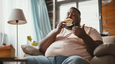African american man eating cake while sitting on sofa in living roomの素材