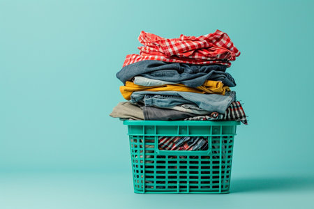 Shopping basket full of clothes isolated on blue background with copy spaceの素材