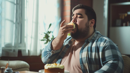 Young man in plaid shirt eating cake and drinking coffee at homeの素材