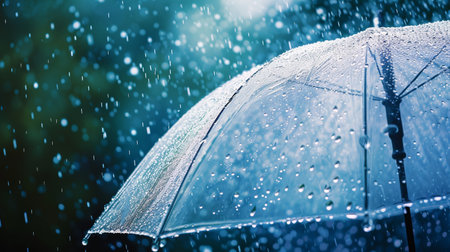Rain drops on umbrella in rainy day. Rainy weather concept.の素材