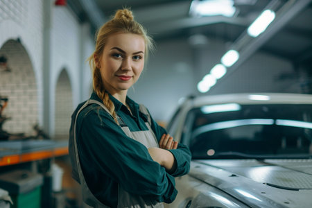 Portrait of a beautiful young woman in a car repair shop.の素材