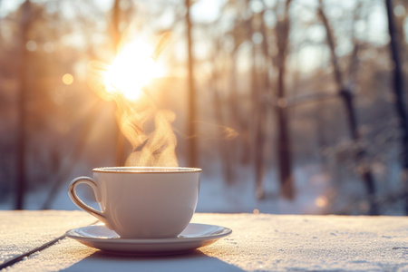 Cup of coffee on the wooden table in the winter forest.の素材