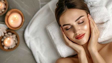 Beautiful young woman with closed eyes in spa salon, top viewの素材