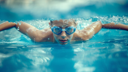 Photo pour Portrait of a young boy swimming in the pool. Sport. - image libre de droit