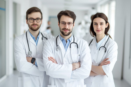 group of medics or doctors with stethoscopes at hospitalの素材