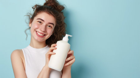 Portrait of a beautiful young woman with long curly hair holding a bottle of shampoo on a blue backgroundの素材