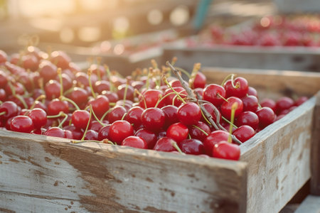 Ripe red cherries in wooden boxes, selective focus, close-upの素材