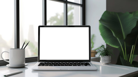Mockup laptop with blank white screen on table in office.の素材