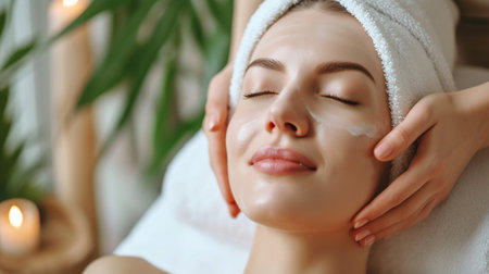 Beautiful young woman with facial mask in spa salon, closeupの素材