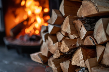 Fireplace with firewood, close-up, selective focus.の素材