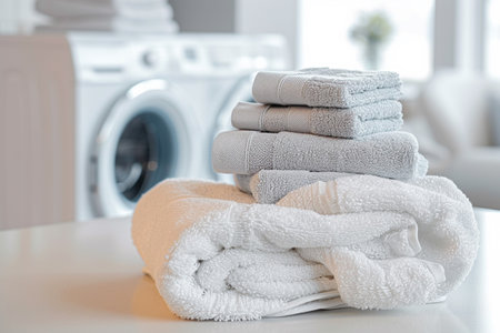 Stack of clean towels on table in laundry room. Laundry conceptの素材