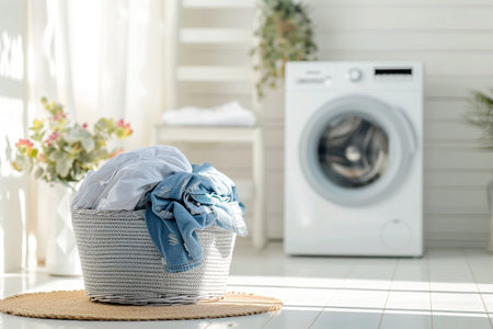 Laundry basket with clean clothes and washing machine in laundry roomの素材