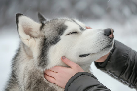 siberian husky in the hands of a girl in winterの素材