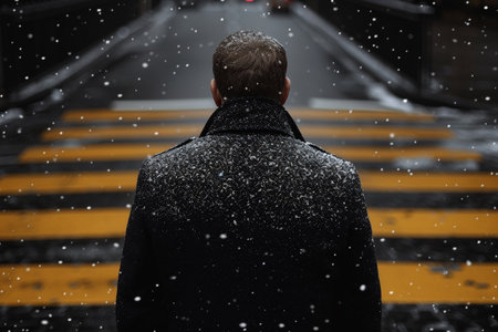 Back view of a young man standing on the street under falling snowの素材