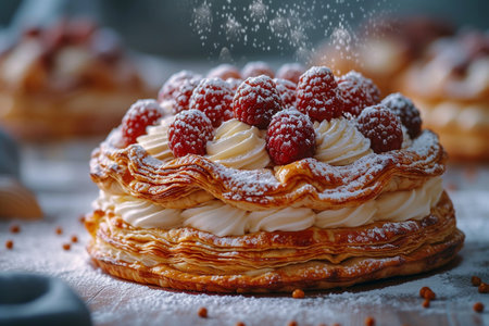 Pancakes with raspberries and whipped cream, selective focusの素材
