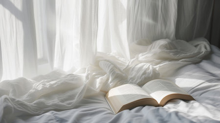 Open book on the bed with white curtains in the morning light.の素材