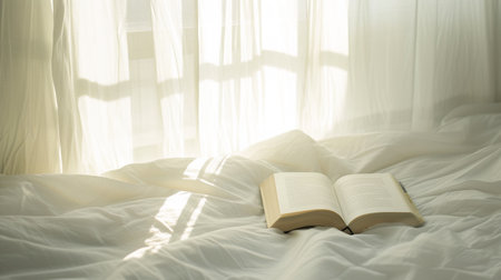 Open book on white bed with soft light and shadow from window.の素材