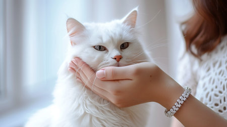 beautiful white cat in the hands of a girl close-upの素材