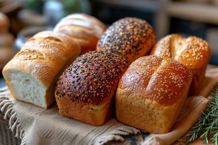 Freshly baked bread rolls with sesame seeds and rosemary.の素材