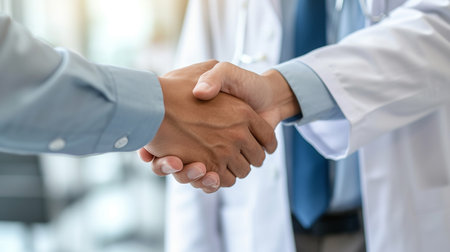 Doctor and patient shaking hands, finishing up a meeting. Medical and healthcare concept.の素材