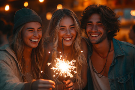 Group of friends having fun with sparklers on a rooftop party.の素材