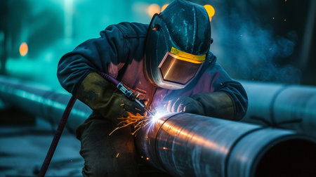 welder working with arc welding machine to weld steel at construction siteの素材