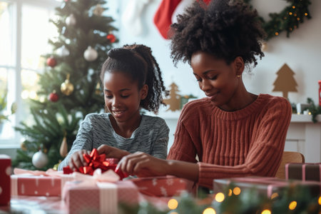 African american mother and daughter wrapping christmas gifts in living roomの素材
