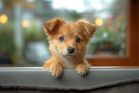 Cute little dog on table in room, closeup. pet careの素材