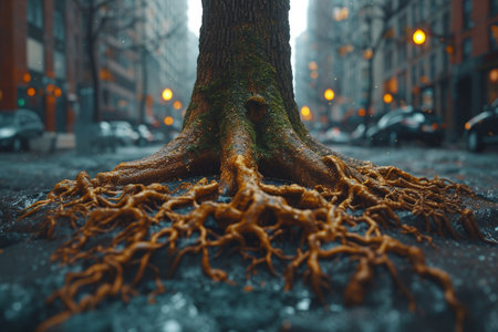 Tree with roots in the city at night. Conceptual image.の素材