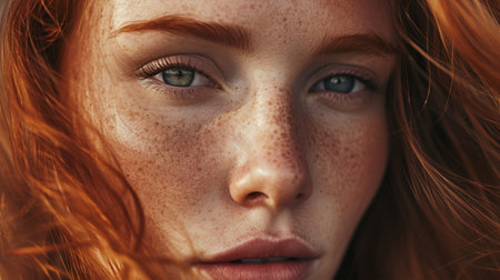 Close-up portrait of beautiful red-haired girl with frecklesの素材