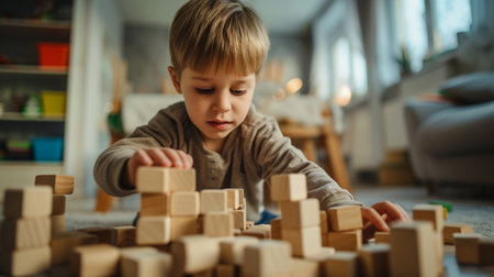 Cute little boy playing with wooden blocks at home. Early development concept.の素材