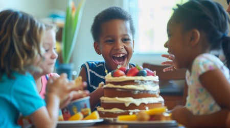 Group of kids having fun together at birthday party, cutting birthday cakeの素材
