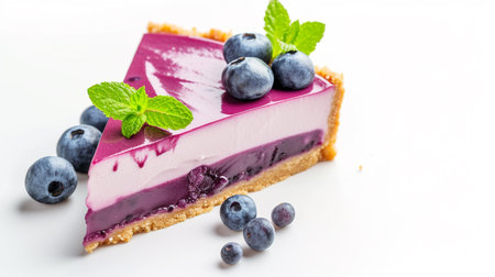 Blueberry cheesecake with fresh blueberries and mint on white backgroundの素材