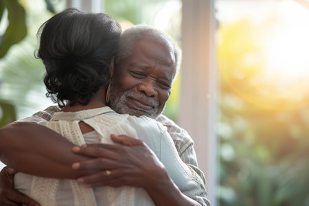 Portrait of happy senior African American couple hugging each other at homeの素材