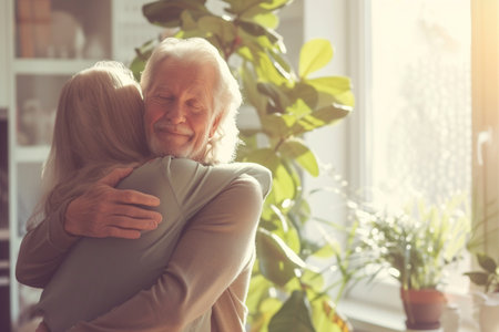 Portrait of happy senior woman with her daughter hugging her at homeの素材