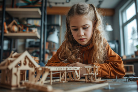 cute little girl playing with wooden house model in workshop, education conceptの素材