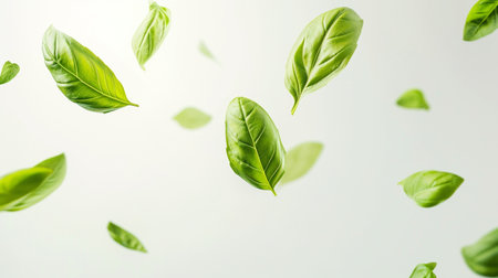 Fresh green basil leaves flying on white background with copy space. Healthy food conceptの素材
