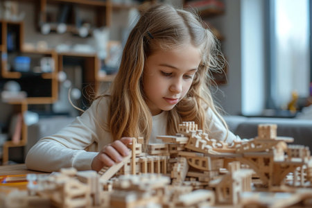 little girl playing with wooden blocks in living room at home, education conceptの素材