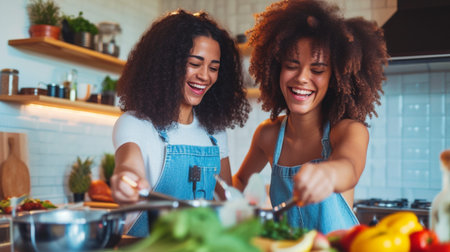 Two african american women cooking together in the kitchen at homeの素材