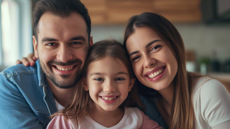 Beautiful young family is hugging and smiling while spending time together at homeの素材