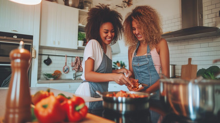 Two young african american women cooking together in the kitchen.の素材