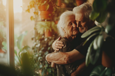 Portrait of elderly couple in love. They are looking at each other and smiling.の素材