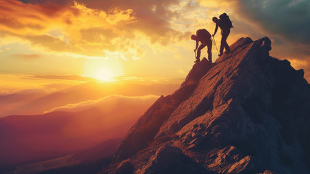 Silhouette of two climbers on top of mountain at sunset.の素材