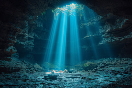 Underwater cave with light rays coming out of it. 3d renderingの素材