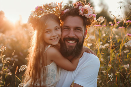 Father and daughter in a wreath of flowers on the field.の素材