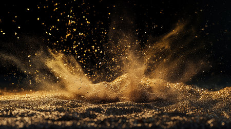 Gold glittering particles on black background. Golden dust particles fly in the air. 3d renderingの素材