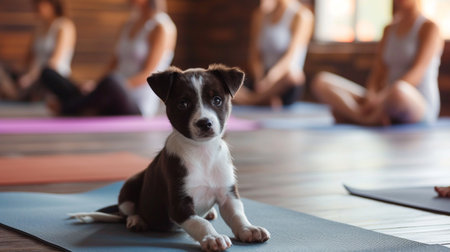 Portrait of cute puppy on yoga mat in gym. focus on dogの素材